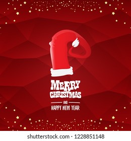 vector red Santa hat label isolated on red background with greeting text Merry Christmas and golden stars and lights. Cartoon merry christmas card, banner or xmas background. vector illustration