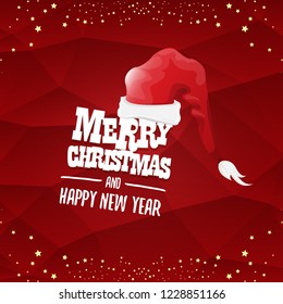 vector red Santa hat label isolated on red background with greeting text Merry Christmas and golden stars and lights. Cartoon merry christmas card, banner or xmas background. vector illustration