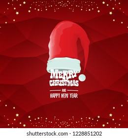 vector red Santa hat label isolated on red background with greeting text Merry Christmas and golden stars and lights. Cartoon merry christmas card, banner or xmas background. vector illustration
