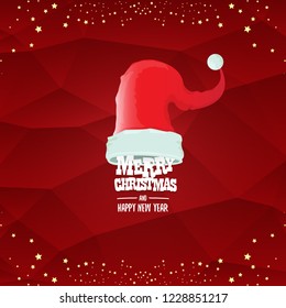 vector red Santa hat label isolated on red background with greeting text Merry Christmas and golden stars and lights. Cartoon merry christmas card, banner or xmas background. vector illustration