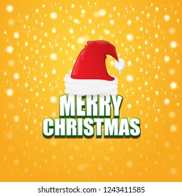 vector red Santa hat label isolated on orange background with lights and greeting text Merry Christmas. Cartoon merry christmas card, banner or xmas background. vector illustration