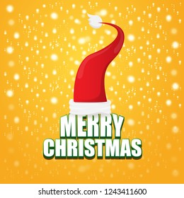 vector red Santa hat label isolated on orange background with lights and greeting text Merry Christmas. Cartoon merry christmas card, banner or xmas background. vector illustration