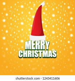 vector red Santa hat label isolated on orange background with lights and greeting text Merry Christmas. Cartoon merry christmas card, banner or xmas background. vector illustration