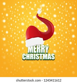 vector red Santa hat label isolated on orange background with lights and greeting text Merry Christmas. Cartoon merry christmas card, banner or xmas background. vector illustration