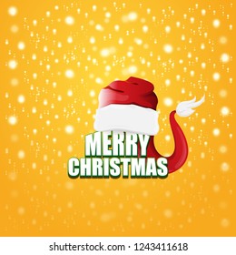 vector red Santa hat label isolated on orange background with lights and greeting text Merry Christmas. Cartoon merry christmas card, banner or xmas background. vector illustration