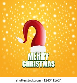 vector red Santa hat label isolated on orange background with lights and greeting text Merry Christmas. Cartoon merry christmas card, banner or xmas background. vector illustration