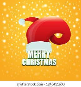 vector red Santa hat label isolated on orange background with lights and greeting text Merry Christmas. Cartoon merry christmas card, banner or xmas background. vector illustration