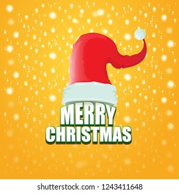 vector red Santa hat label isolated on orange background with lights and greeting text Merry Christmas. Cartoon merry christmas card, banner or xmas background. vector illustration