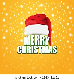 vector red Santa hat label isolated on orange background with lights and greeting text Merry Christmas. Cartoon merry christmas card, banner or xmas background. vector illustration