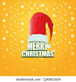 vector red Santa hat label isolated on orange background with lights and greeting text Merry Christmas. Cartoon merry christmas card, banner or xmas background. vector illustration