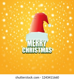 vector red Santa hat label isolated on orange background with lights and greeting text Merry Christmas. Cartoon merry christmas card, banner or xmas background. vector illustration
