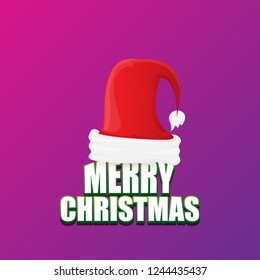 vector red Santa hat label isolated on violet background with lights and greeting text Merry Christmas. Cartoon merry christmas card, banner or xmas background. vector illustration