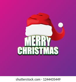 vector red Santa hat label isolated on violet background with lights and greeting text Merry Christmas. Cartoon merry christmas card, banner or xmas background. vector illustration