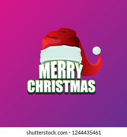 vector red Santa hat label isolated on violet background with lights and greeting text Merry Christmas. Cartoon merry christmas card, banner or xmas background. vector illustration