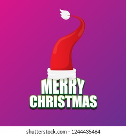 vector red Santa hat label isolated on violet background with lights and greeting text Merry Christmas. Cartoon merry christmas card, banner or xmas background. vector illustration