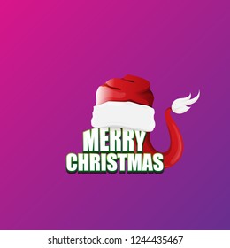 vector red Santa hat label isolated on violet background with lights and greeting text Merry Christmas. Cartoon merry christmas card, banner or xmas background. vector illustration