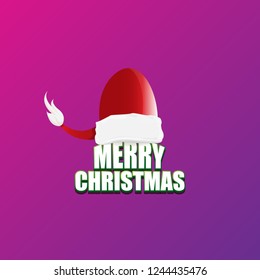 vector red Santa hat label isolated on violet background with lights and greeting text Merry Christmas. Cartoon merry christmas card, banner or xmas background. vector illustration