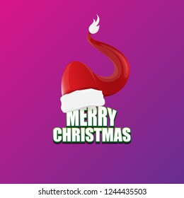 vector red Santa hat label isolated on violet background with lights and greeting text Merry Christmas. Cartoon merry christmas card, banner or xmas background. vector illustration