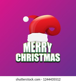 vector red Santa hat label isolated on violet background with lights and greeting text Merry Christmas. Cartoon merry christmas card, banner or xmas background. vector illustration