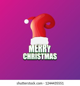 vector red Santa hat label isolated on violet background with lights and greeting text Merry Christmas. Cartoon merry christmas card, banner or xmas background. vector illustration