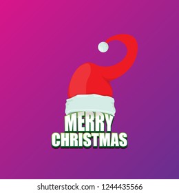 vector red Santa hat label isolated on violet background with lights and greeting text Merry Christmas. Cartoon merry christmas card, banner or xmas background. vector illustration