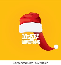 vector red Santa hat on orange background with greeting text Merry Christmas. merry christmas card, banner or xmas background. vector illustration