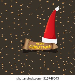 vector red Santa hat on stars background with greeting text Merry Christmas. merry christmas card, banner or xmas background. vector illustration