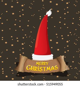 vector red Santa hat on stars background with greeting text Merry Christmas. merry christmas card, banner or xmas background. vector illustration