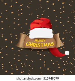 vector red Santa hat on stars background with greeting text Merry Christmas. merry christmas card, banner or xmas background. vector illustration