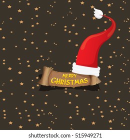 vector red Santa hat on stars background with greeting text Merry Christmas. merry christmas card, banner or xmas background. vector illustration