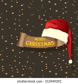 vector red Santa hat on stars background with greeting text Merry Christmas. merry christmas card, banner or xmas background. vector illustration