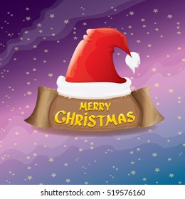vector red Santa hat on stars background with greeting text Merry Christmas. merry christmas card, banner or xmas background. vector illustration