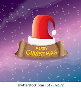 vector red Santa hat on stars background with greeting text Merry Christmas. merry christmas card, banner or xmas background. vector illustration