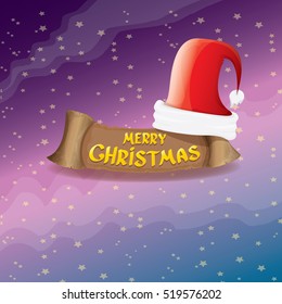 vector red Santa hat on stars background with greeting text Merry Christmas. merry christmas card, banner or xmas background. vector illustration