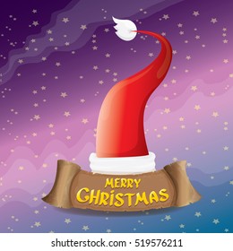 vector red Santa hat on stars background with greeting text Merry Christmas. merry christmas card, banner or xmas background. vector illustration