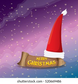 vector red Santa hat on stars background with paper banner and greeting text Merry Christmas. vector merry christmas card, banner design template or xmas background. vector illustration