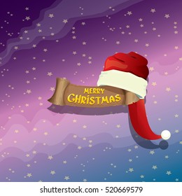 vector red Santa hat on stars background with paper banner and greeting text Merry Christmas. vector merry christmas card, banner design template or xmas background. vector illustration