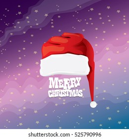 vector red Santa hat on stars background with greeting text Merry Christmas. merry christmas card, banner or xmas background. vector illustration