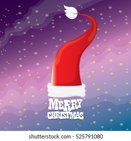 vector red Santa hat on stars background with greeting text Merry Christmas. merry christmas card, banner or xmas background. vector illustration