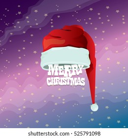 vector red Santa hat on stars background with greeting text Merry Christmas. merry christmas card, banner or xmas background. vector illustration