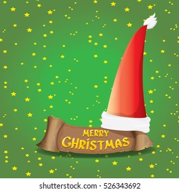 vector red Santa hat on stars background with paper banner and greeting text Merry Christmas. vector merry christmas card, banner design template or xmas background. vector illustration