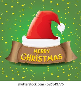vector red Santa hat on stars background with paper banner and greeting text Merry Christmas. vector merry christmas card, banner design template or xmas background. vector illustration