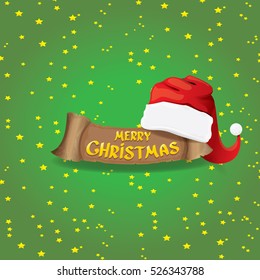 vector red Santa hat on stars background with paper banner and greeting text Merry Christmas. vector merry christmas card, banner design template or xmas background. vector illustration