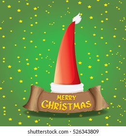vector red Santa hat on stars background with paper banner and greeting text Merry Christmas. vector merry christmas card, banner design template or xmas background. vector illustration