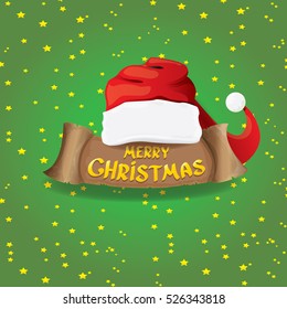 vector red Santa hat on stars background with paper banner and greeting text Merry Christmas. vector merry christmas card, banner design template or xmas background. vector illustration