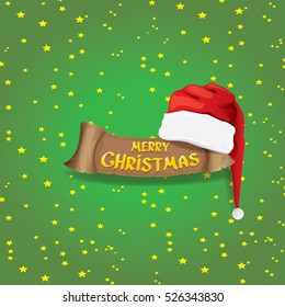 vector red Santa hat on stars background with paper banner and greeting text Merry Christmas. vector merry christmas card, banner design template or xmas background. vector illustration