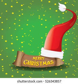 vector red Santa hat on stars background with paper banner and greeting text Merry Christmas. vector merry christmas card, banner design template or xmas background. vector illustration