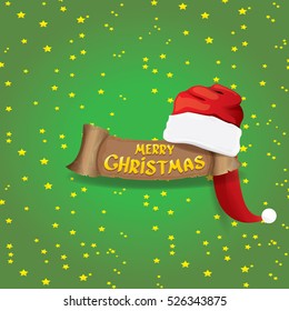 vector red Santa hat on stars background with paper banner and greeting text Merry Christmas. vector merry christmas card, banner design template or xmas background. vector illustration