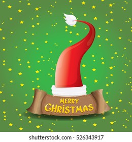 vector red Santa hat on stars background with paper banner and greeting text Merry Christmas. vector merry christmas card, banner design template or xmas background. vector illustration