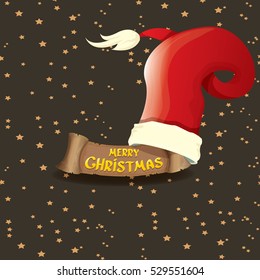 vector red Santa hat on stars background with paper banner and greeting text Merry Christmas. vector merry christmas card, banner design template or xmas background. vector illustration